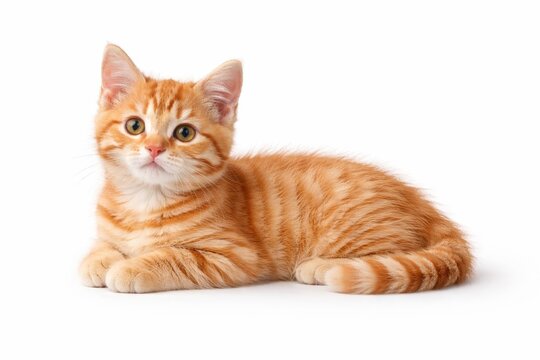 ginger tabby kitten lying in a relaxed crescent pose with forepaws tucked under the chest gentle cream muzzle expressive eyes isolated on white background