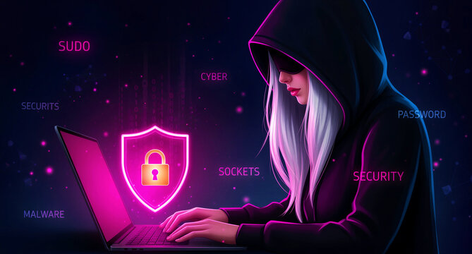 Mysterious female hacker in a black hood typing on a laptop. A glowing pink shield padlock represents digital cybersecurity. Ideal for data protection and cybercrime prevention marketing.