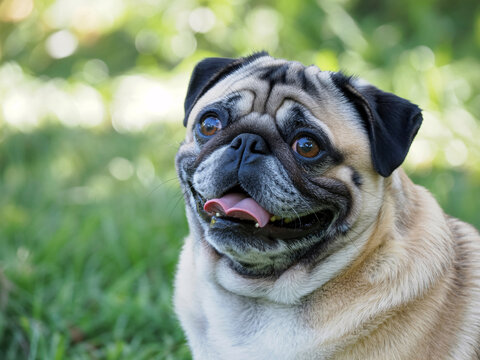 A happy pug dog sitting in green grass on a sunny day with its tongue out