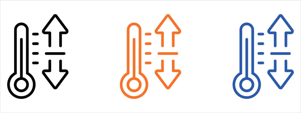 Minimalist 3D thermostat control icons showing temperature increase and decrease in vibrant colors. Ideal for energy efficiency, smart home technology, and climate control marketing materials.