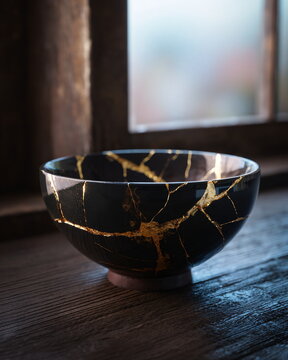 Japanese kintsugi bowl beautifully repaired with gold, showcasing Wabi-sabi art on wooden surface
