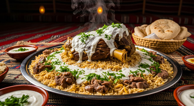 Traditional Arabic Lamb Mansaf Meal With Rice And Yogurt Sauce Steaming Hot With Garnish