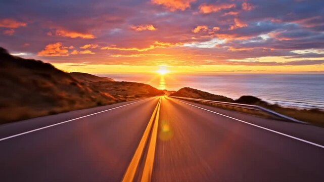 Road at sunset scenic view of asphalt pathway under dramatic sky