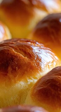 A close-up view of a tray filled with freshly baked bread rolls vertical frame