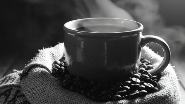 Steaming cup of fresh coffee resting in a burlap sack on a wooden table, in black and white