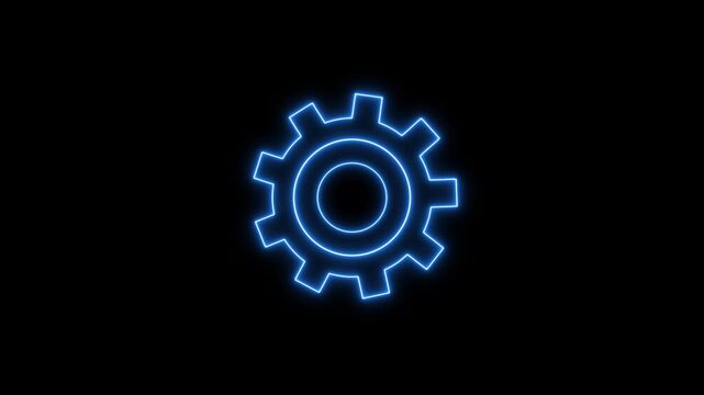 Spinning neon gear animation on black background. Abstract technological setting gear icon. Technology setting icon concept..