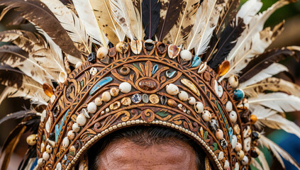 Obraz premium Close-up of ornate headdress with feathers and beads. Feathers vary in color and texture, some white, some dark. Beads and jewels line intricate, curved headpiece design