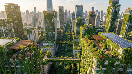 Obraz premium City skyline integrated with greenery symbolizing harmony between urban life and nature.