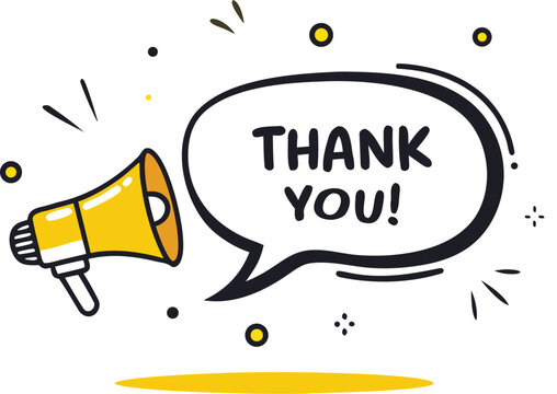 Hand-drawn yellow megaphone with 'Thank You!' in a speech bubble, a doodle-style graphic symbolizing gratitude, appreciation, and clear positive communication