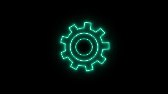 Spinning neon gear animation on black background. Abstract technological setting gear icon. Technology setting icon concept..