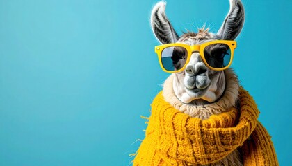 Fototapeta premium Funny Llama Wearing Yellow Sunglasses and Scarf on Blue Background.
