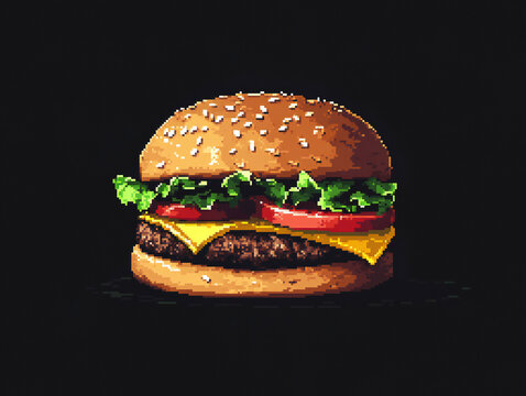 Pixel burger with lettuce and cheese on dark background. Gaming food icon concept.