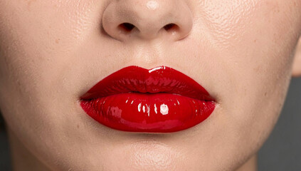 Naklejka premium Close-up of glossy red lips. Smooth skin and natural nostrils visible. Rich color reflects light vividly. Lips slightly parted, centered frame. Elegant, high-resolution beauty shot