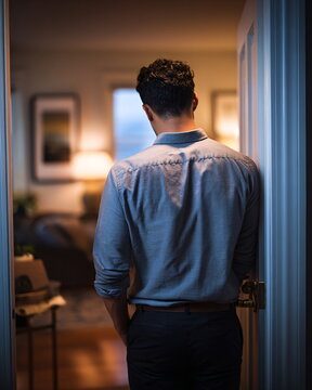 Man in his 30s standing in doorway looking into dimly lit room with hands in pockets