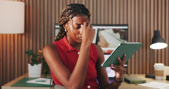 Black woman, tablet and stress for remote work from home with mistake, glitch or worry with feedback. African person, tech and frustrated with application, report or review with freelance copywriting