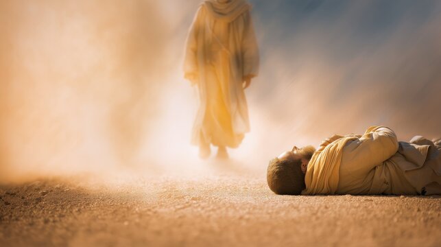 Good Samaritan Helping Injured Traveler on Desert Road, Biblical Mercy Scene