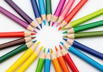 Naklejka premium Many colorful wooden pencils arranged in a circular pattern