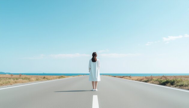 道の真ん中に立つ女性