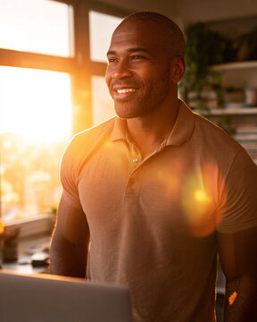 Cheerful Black man in his 30s smiling while looking away with sun flare