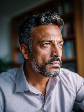 Focused middle-aged South Asian man with grey beard and brown eyes looking away in contemplative mood