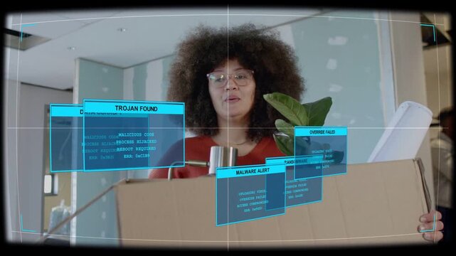 Woman carrying box moving into tech site, activating AR panels showing malware and corrupt data