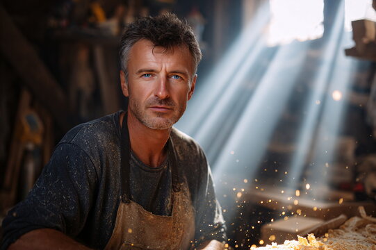 Sculptor man with beard and blue eyes in workshop with sunlight and wood shavings