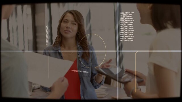 Central woman taking paper after man gesture, clarifying retail choice while HUD targeting counter