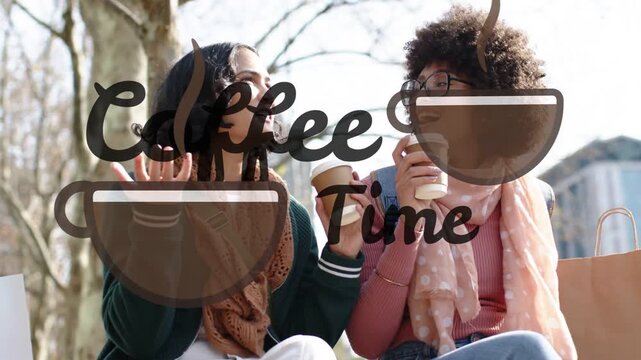 Chat starting, two friends sipping paper cups, laughing under Coffee Time overlay for catching up