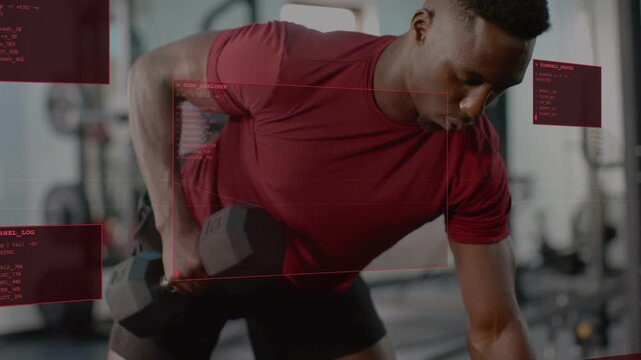 Man bracing bench and performing one-arm hex dumbbell rows in gym, red HUD tracking posture metrics