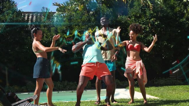 Four friends dancing by pool, speaker playing music and lifestyle waveforms pulsing across group