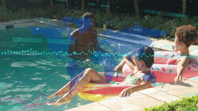Man walking in pool toward women, women reaching and laughing, tech overlaying world map