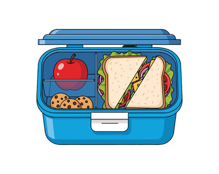 Illustration of a Blue Lunchbox with Healthy Food Items.
