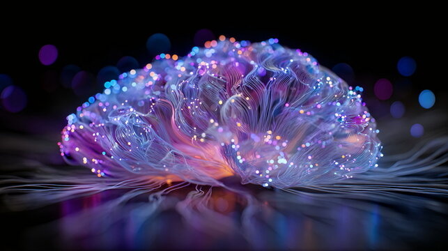 Luminous abstract brain made of fiber optics with glowing connections symbolizing AI neural networks