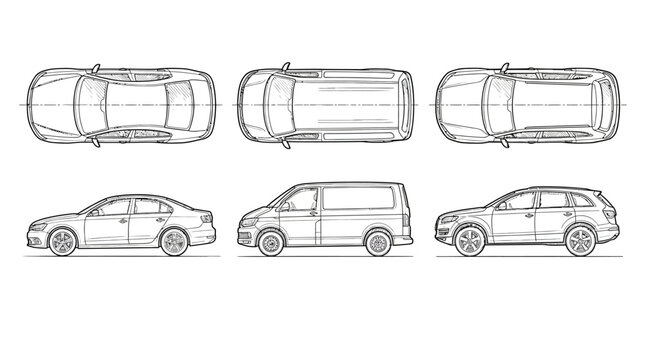 Versatile Vector Illustrations of Semi-Trucks Top and Side Views in Line Art and Solid Fill for Transportation Design