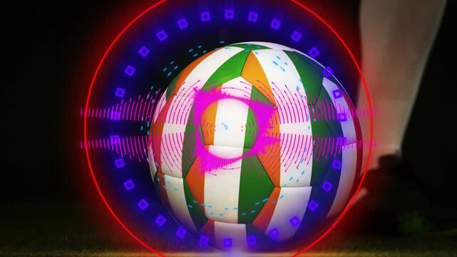 Cleated foot tapping soccer ball on turf, activating neon HUD rings and pulsing sports tech flare