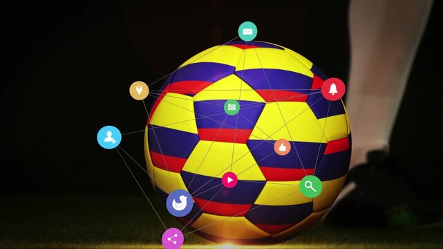 Soccer ball sitting on turf, icon network shifting and separating as player kicking for sports tech