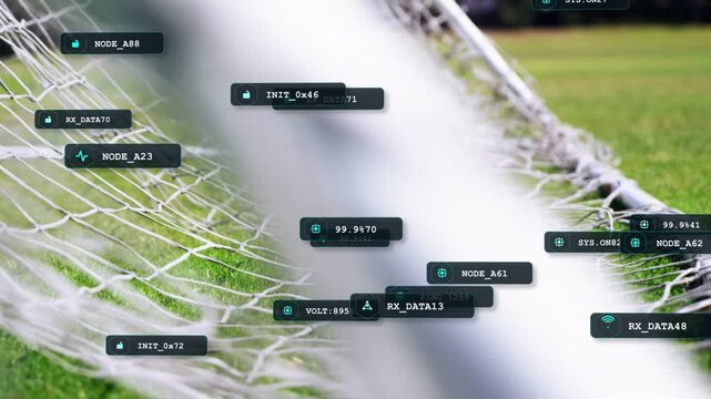 Goal net shifting, HUD labels rearranging as ball entering net deforming mesh for sports analytics
