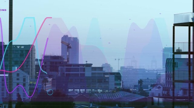 City skyline and animated overlays rising waveforms from left edge, visualizing urban data trends