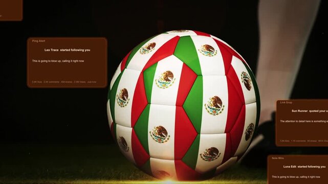 Soccer ball on turf, sports UI boxes appearing, player cleated foot contacting ball moving for play