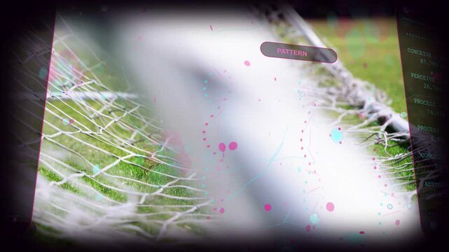 Soccer ball moving into net after fast shot, net deforming and HUD panels displaying goal stats