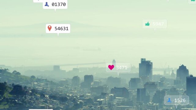 City skyline showing incoming social media activity, spawning floating heart, pin, chat badges