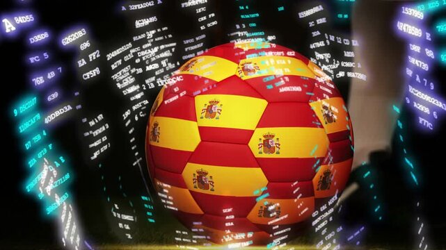 Glowing characters appearing around soccer ball, forming vortex and rotating ball right for sports