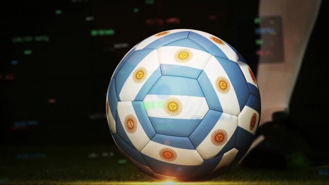 Soccer player stepping and striking Argentina ball, HUD showing spin returning center for shot