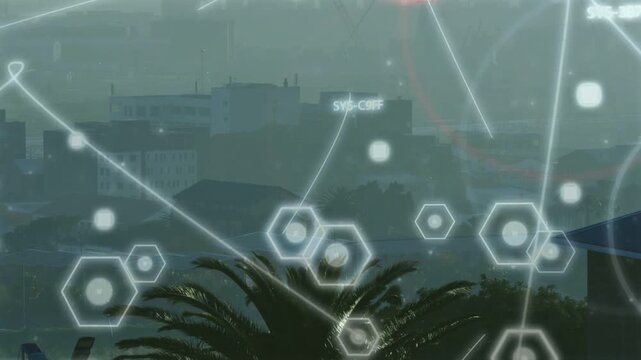 Clear HUD appearing in rain, hex nodes shifting, lines sweeping, ring pulsing highlighting points