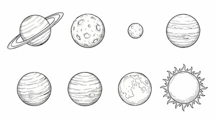 Collection of celestial bodies in outer space including planets and sun drawings © Tharusha