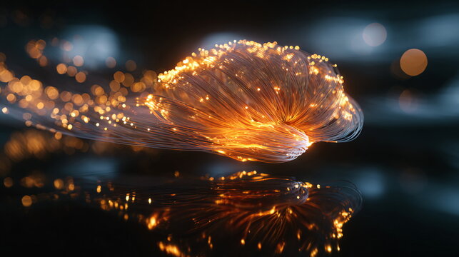 Luminous abstract fiber optic cables and glowing particles on dark reflective surface