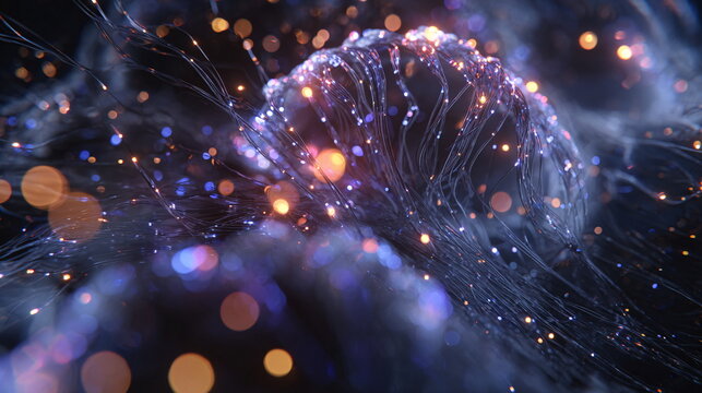 Luminous abstract macro photograph of intricate glowing fiber optic strands forming a vibrant network
