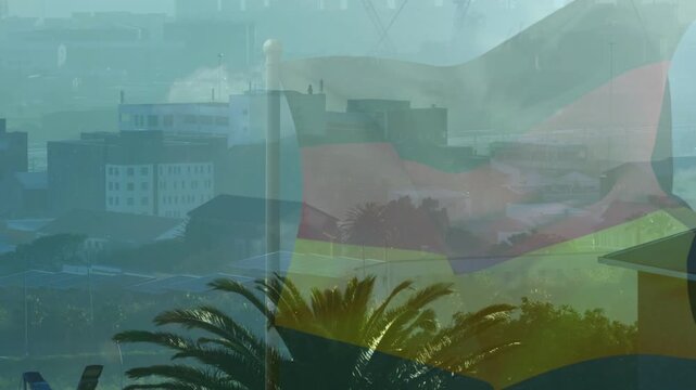 Light breeze sending translucent flag billowing over city palm swaying revealing skyline for ads