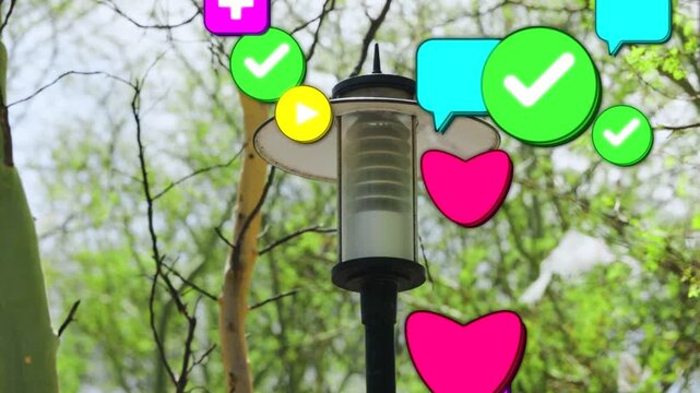 Graphic icons appearing from edges and converging over garden lamp visualizing marketing engagement