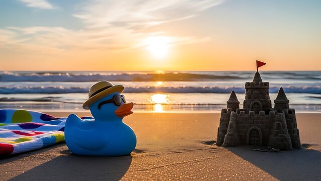 Blue rubber duck and sandcastle on beach at sunset with surfboard.
